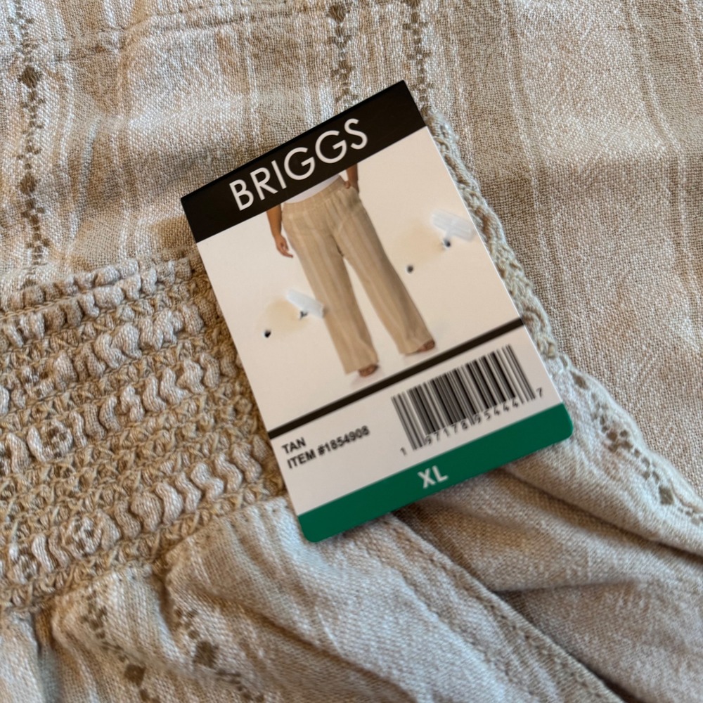 Briggs Womens XL Tan Linen Blend Striped Embroidered Wide Leg Smocked Pants NEW - Picture 4 of 7